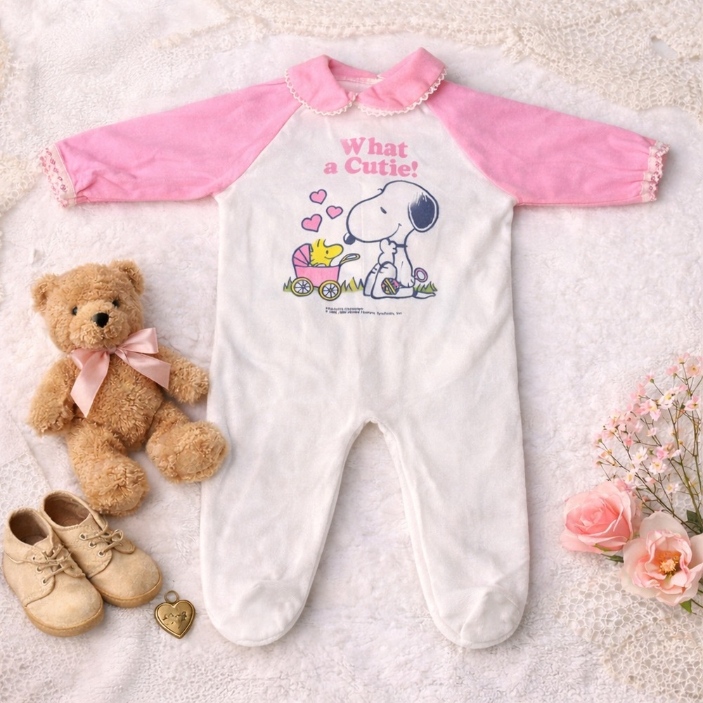 Vintage Snoopy Baby Sleeper Pink What a Cutie 3–6M Footed Pajamas USA